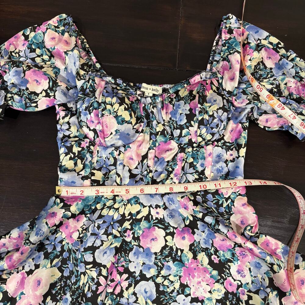 Coquette Corset Floral Puff Sleeve Tiered Mini Dress Sz S Romantic Cottagecore - Picture 7 of 7